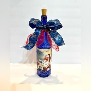 NEW OOAK Blue Santa Icy Lighted Christmas Wine Bottle Holiday Decor